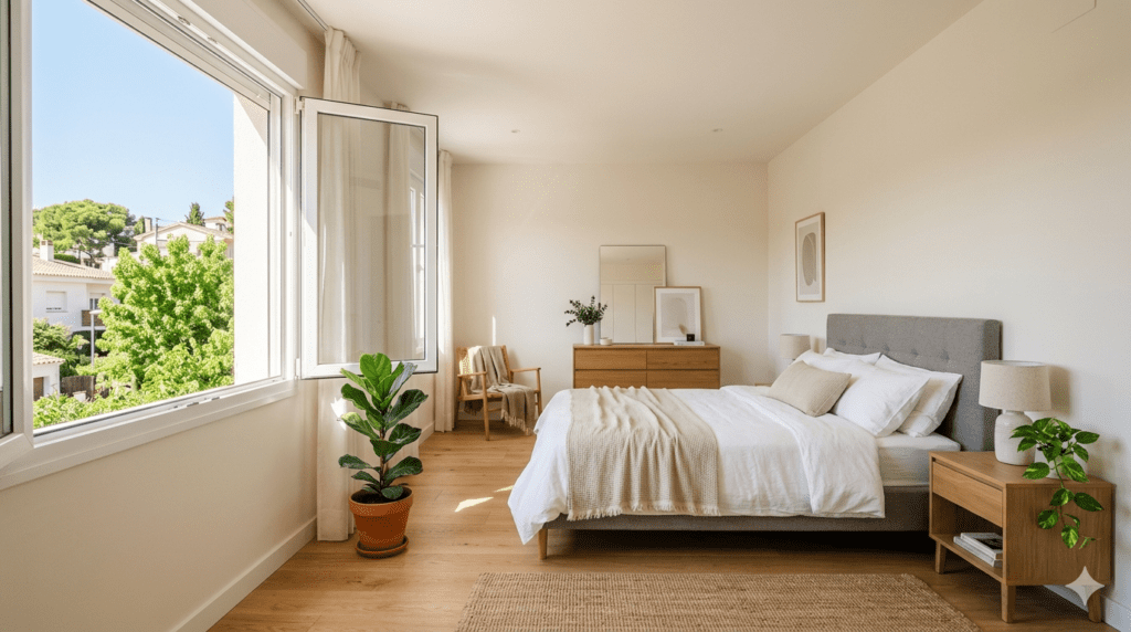 Dormitorio moderno y luminoso con gran ventana abierta a vistas exteriores ajardinadas, decoración nórdica con muebles de madera clara, cama de matrimonio con cabecero gris y plantas de interior.