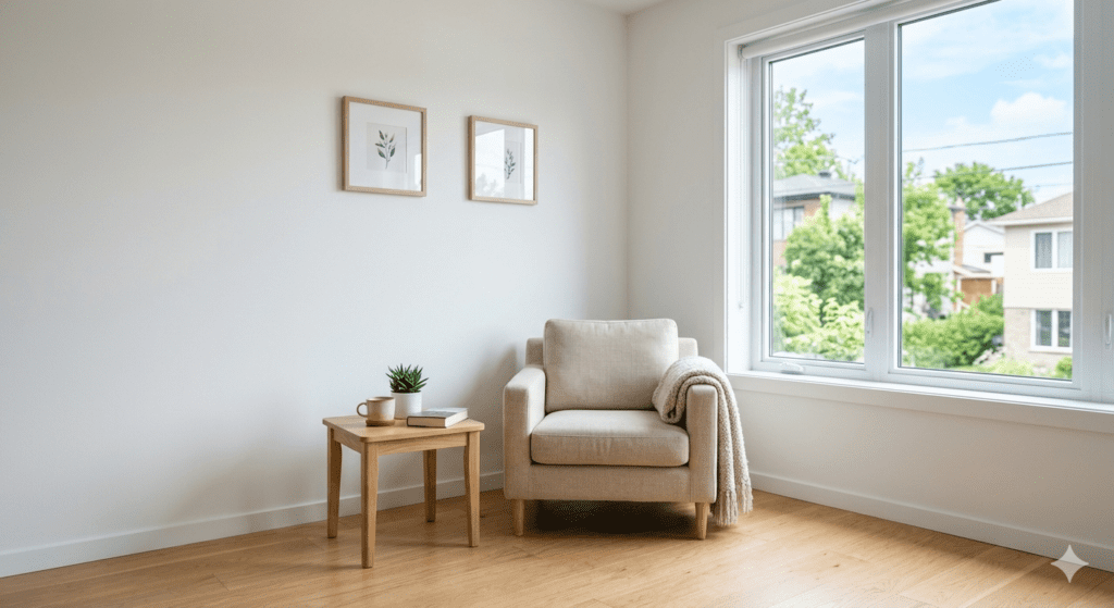 Un rincón de lectura luminoso y minimalista en una sala de estar moderna con un sillón de tela beige con una manta tejida, una mesa auxiliar de madera clara con una planta en maceta y una taza, grandes ventanas blancas que dan a un frondoso vecindario verde bajo un cielo azul parcial, dos láminas botánicas enmarcadas en la pared blanca, suelos de madera clara.