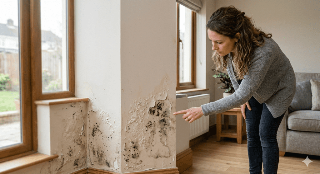 Una mujer señala y examina de cerca daños severos por manchas de humedad en la pared interior, cerca de una ventana, que muestran moho negro, pintura descascarada y burbujas.
