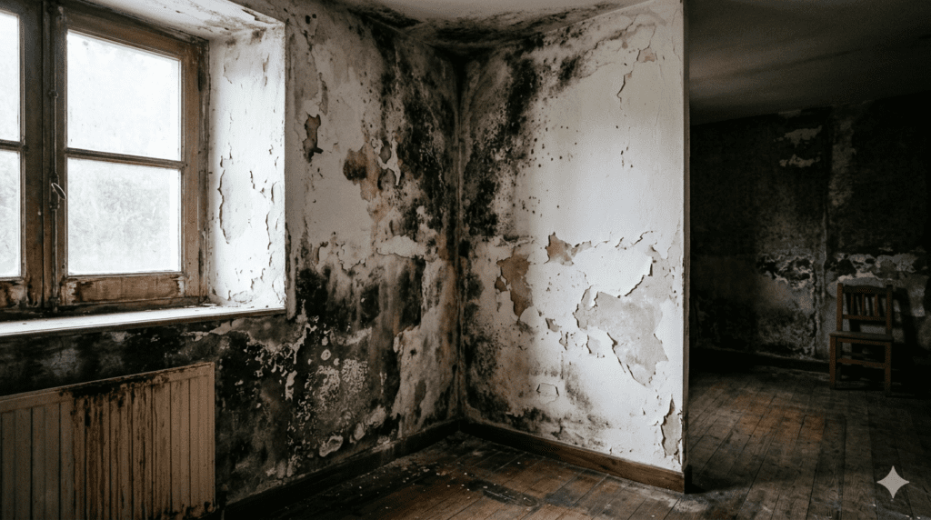 Fotografía realista de una habitación interior abandonada con graves problemas de humedad y moho negro extendiéndose por las paredes y el techo. Se aprecia la pintura descascarillada, un radiador oxidado bajo una ventana de madera y suelos de madera desgastados en un ambiente sombrío y húmedo.