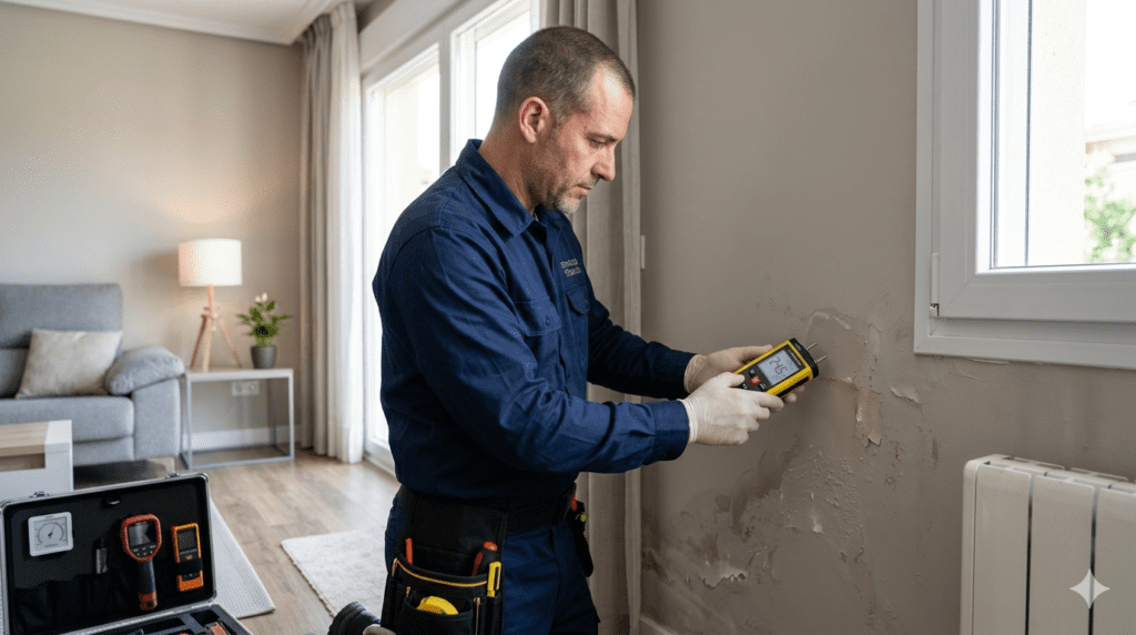 Un técnico profesional con uniforme azul y guantes inspecciona una pared interior con humedades en un salón. Utiliza un medidor de humedad digital amarillo sobre la zona afectada de la pared, que muestra signos de descamación por agua. En primer plano hay un maletín de herramientas abierto con equipamiento de diagnóstico. Al fondo se aprecia un entorno doméstico limpio y ordenado con luz natural entrando por ventanas.