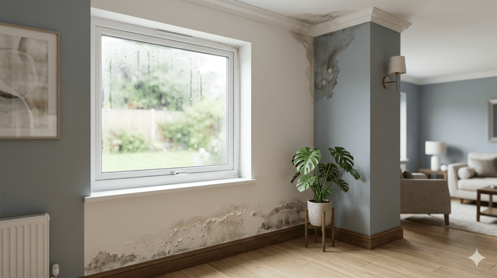 Imagen comparativa para identificar cómo saber qué tipo de humedad tienes. Muestra los tres tipos más comunes en una vivienda: gotas de condensación en la ventana, manchas de capilaridad con pintura descascarada en la base de la pared, y una mancha de filtración oscura en la esquina superior del techo.