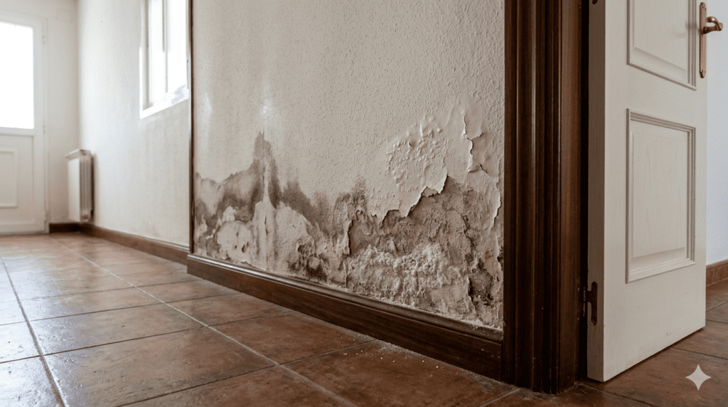 Imagen que muestra como saber que tipo de humedad tienes si detectas daños como pintura desconchada, manchas oscuras de moho y eflorescencias salinas que suben desde el suelo por encima del rodapié de madera.