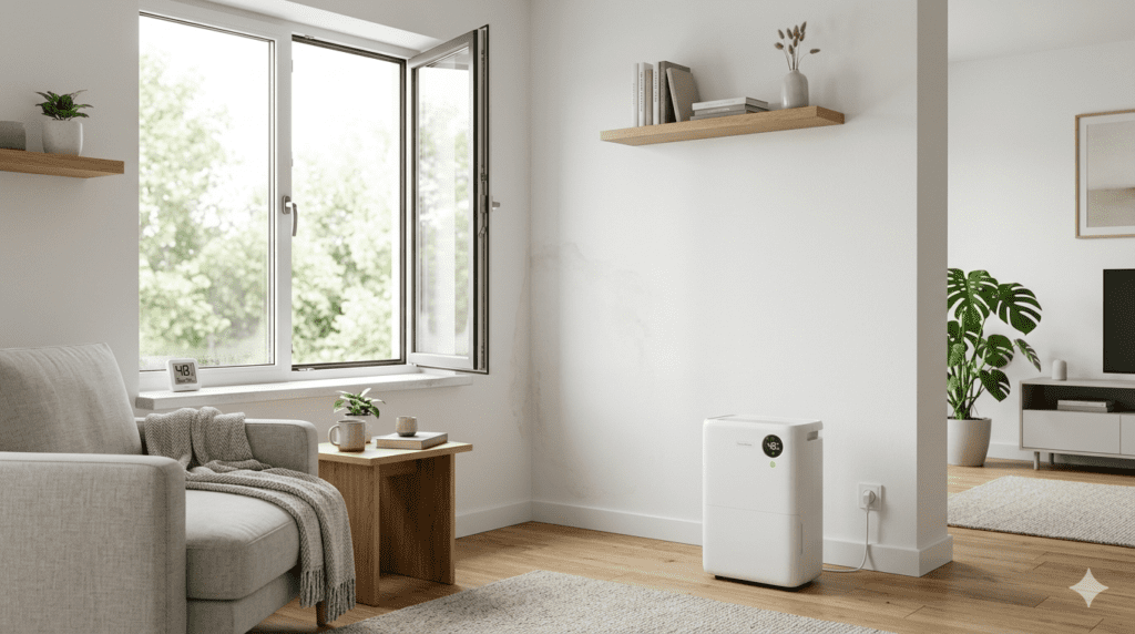 Fotografía de interiores de un salón moderno y luminoso con una pared blanca que muestra una mancha sutil de humedad. En primer plano, un deshumidificador de aire eléctrico de color blanco está encendido y funcionando. La habitación tiene suelos de madera, un sofá gris con una manta, una mesa auxiliar y una ventana abierta que deja entrar luz natural y aire fresco. La decoración es de estilo escandinavo, ordenada y limpia, creando un ambiente saludable y ventilado.