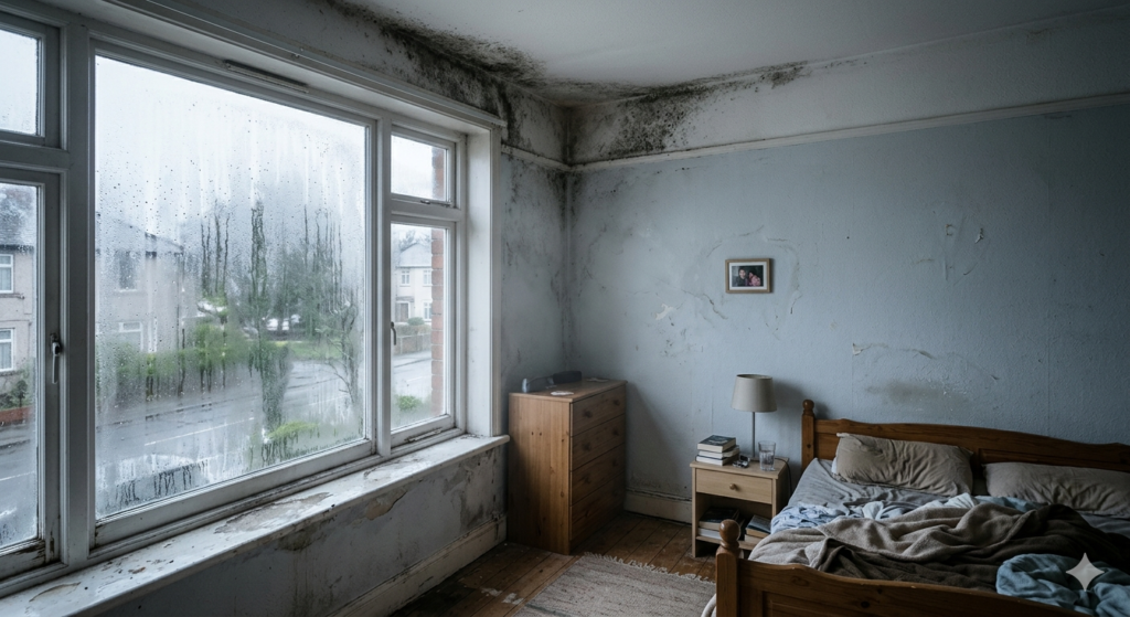 Imagen realista de un dormitorio con graves problemas de condensación en la ventana y moho negro en el techo, ilustrando por qué es crucial buscar cómo quitar la humedad de una habitación para evitar daños en paredes y problemas de salud.
