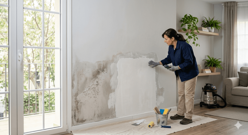 Fotografía hiperrealista de una profesional de la restauración inspeccionando una pared con humedades en un salón. Se aprecia la zona afectada con manchas de moho y la parte ya reparada y saneada con masilla blanca. La mujer, vestida con ropa de trabajo y guantes, utiliza un medidor de humedad. En el suelo hay útiles de reparación discretos: un cubo con brochas, un rodillo y una lijadora. El ambiente es ordenado, con iluminación natural suave y plantas de interior al fondo. Composición limpia con espacio negativo.
