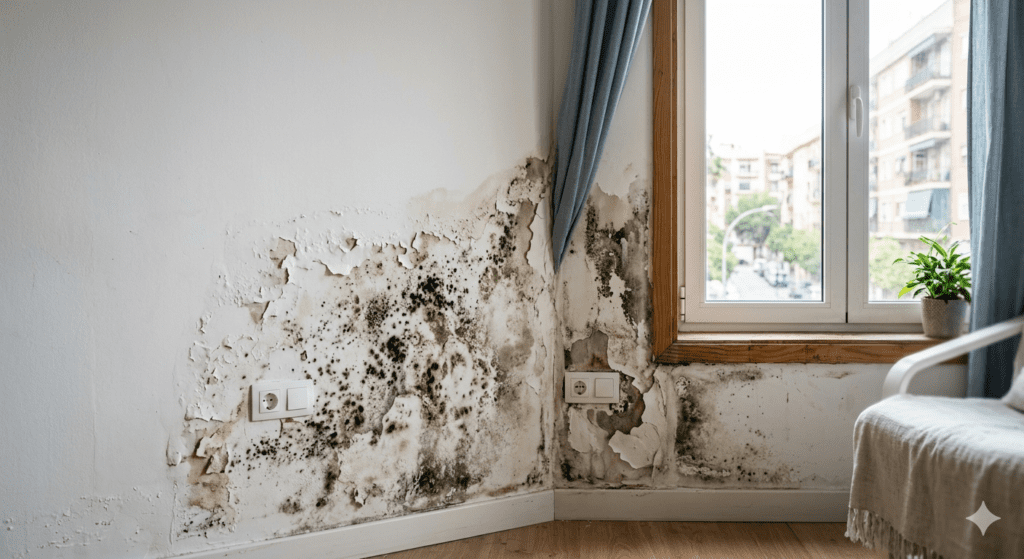 Pared de interior de vivienda con graves daños por humedad y moho negro. Se observa pintura desconchada y moho extendiéndose por la esquina, cerca de enchufes y una ventana con vistas a la calle. Fotografía realista de un problema de filtración de agua.