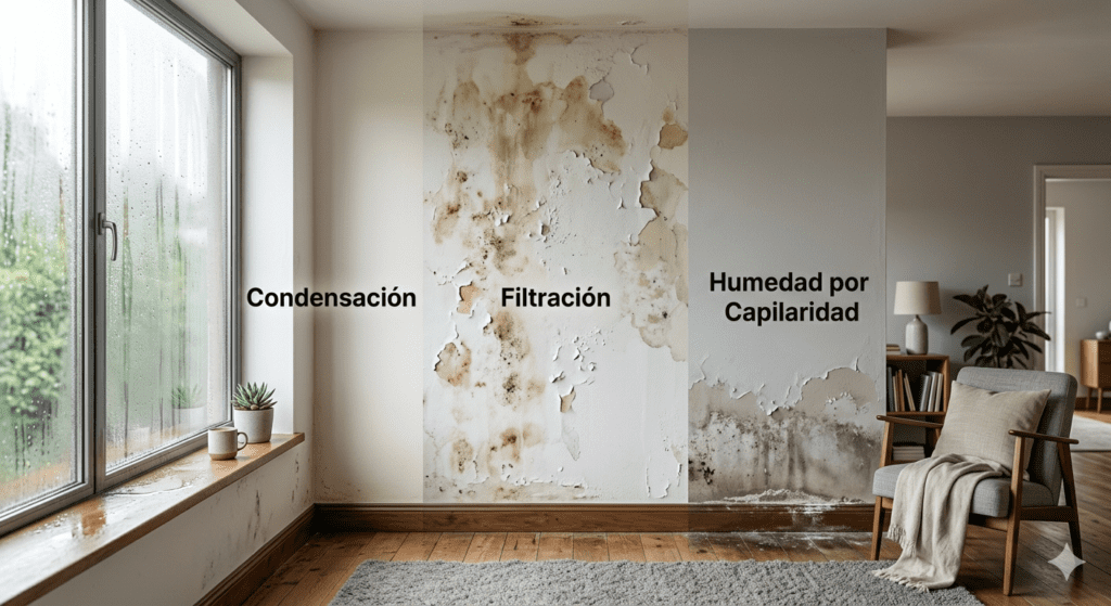 Imagen que muestra las distintas formas en las que se manifiesta la humedad en una pared de una habitación. En el centro, el título principal: 'Como quitar la humedad de una habitación'. A la izquierda, la palabra 'Condensación', debajo de la cual se ven gotas de agua en el cristal de la ventana. En el medio, 'Filtración', que muestra la pared principal con manchas amarillentas y pintura descascarada debido a la filtración de agua. A la derecha, 'Humedad por capilaridad', donde la pared tiene manchas oscuras y moho en la parte inferior, indicando la subida de humedad desde el suelo. Esta imagen ilustra de manera clara y directa las consecuencias de no abordar adecuadamente el problema de la humedad en un espacio cerrado.
