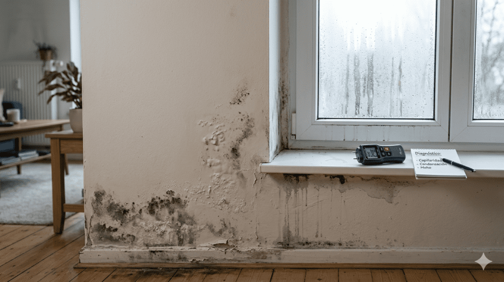 Diagnóstico de humedades en vivienda: pared con manchas de moho, pintura descascarillada y condensación en ventana junto a medidor de humedad profesional.