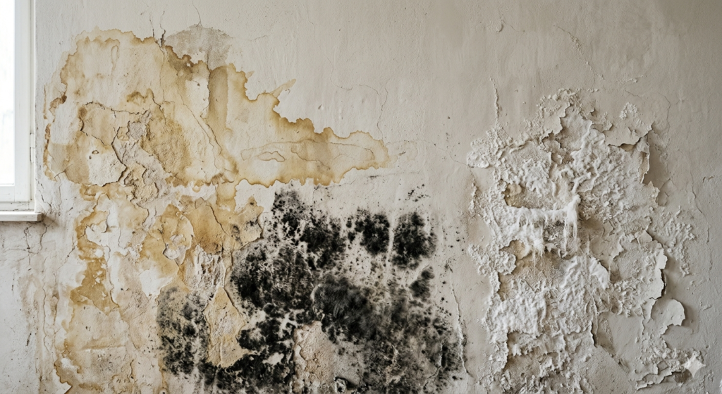 Primer plano hiperrealista de una pared interior dañada con tres tipos de manchas de humedad: zonas amarillas y marrones de filtración de agua, áreas negras con moho visible y partes con residuos blancos tipo salitre o eflorescencia. La imagen muestra la textura rugosa de la pared pelada y está iluminada lateralmente para resaltar los detalles de la superficie. Composición equilibrada en una misma pared, sin texto.