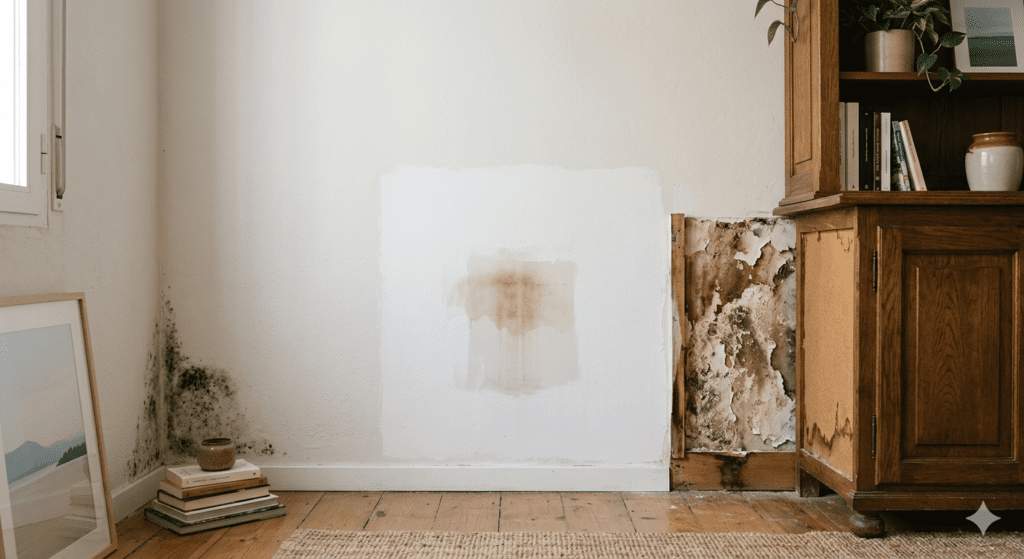 Primer plano de una pared interior de una vivienda en Valencia, España, mostrando daños por humedad y moho. La imagen capta el interior de una sala de estar u oficina hogareña con paredes blancas. En la esquina izquierda inferior, se aprecia una mancha oscura y extensa de moho verde/negro trepando por la pared desde el suelo de madera. Justo a la derecha, en el centro de la pared, hay un gran parche rectangular de pintura blanca más fresca y brillante que el resto, aplicado sobre una mancha de humedad marrón que vuelve a emerger a través de la pintura. En el lado derecho, un mueble de madera de estilo rústico (aparador o librería) está ligeramente separado de la pared, revelando una sección de deterioro severo y oculto en el paramento y el rodapié: pintura descascarillada, moho oscuro y podredumbre en la madera del propio mueble. El entorno es realista y ordenado, con objetos decorativos como libros apilados en el suelo y sobre el mueble, macetas con plantas verdes (como un Pothos) y dos marcos de fotos apoyados, uno grande en el suelo a la izquierda y otro pequeño en la estantería. El suelo es de tablones de madera marrón claro, cubierto parcialmente por una alfombra de yute o fibra natural en el primer plano. La iluminación es natural y suave, proveniente de una ventana lateral izquierda apenas visible. La composición es limpia y bien enfocada. No hay texto en la imagen.