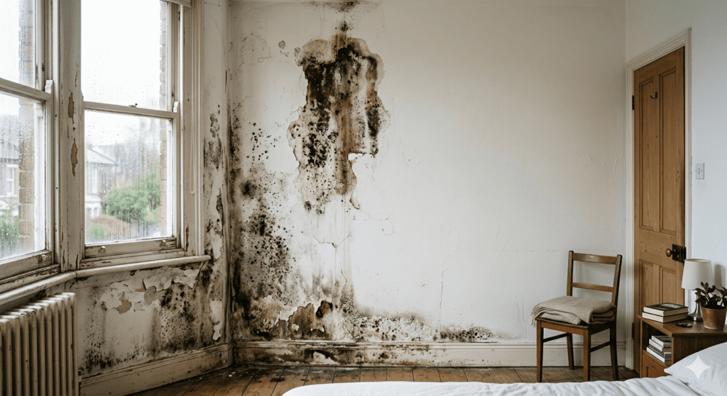 Imagen fotorrealista de un dormitorio antiguo con graves manchas de humedad en la pared. Una pared blanca muestra extensas colonias de moho negro y verde oscuro, que se extienden desde el zócalo hasta media altura, y una gran mancha localizada en el centro que gotea hacia abajo. Junto a la ventana de madera blanca, las manchas de humedad en la pared son visibles, acompañadas de pintura descascarada y moho. La ventana muestra condensación en los cristales. Un radiador de hierro fundido se encuentra debajo de la ventana. En el lado derecho, una silla de madera con una manta, una mesita de noche con libros, una lámpara y una planta añaden contexto al entorno doméstico afectado. El suelo es de tablones de madera antiguos.