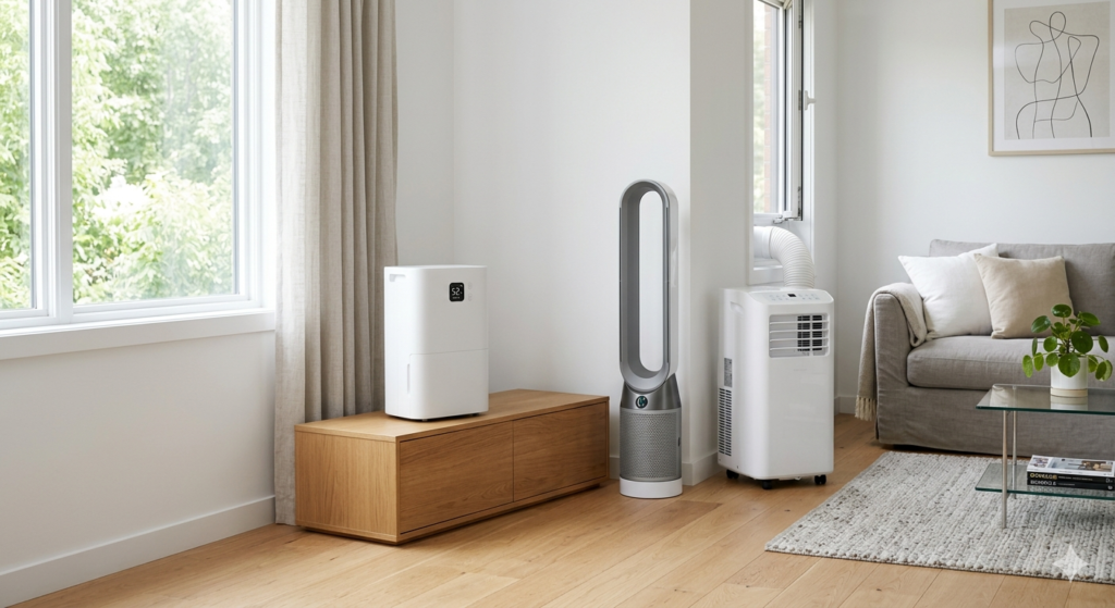 Interior de salón moderno y minimalista con suelo de madera, mostrando tres electrodomésticos de control climático: un deshumidificador blanco sobre un mueble de madera, un ventilador purificador de aire de torre sin aspas de color gris y blanco en el centro, y una unidad de aire acondicionado portátil blanca con tubo de escape de ventana a la derecha. La habitación está bien iluminada con luz natural, un sofá gris al fondo y ventanas grandes.