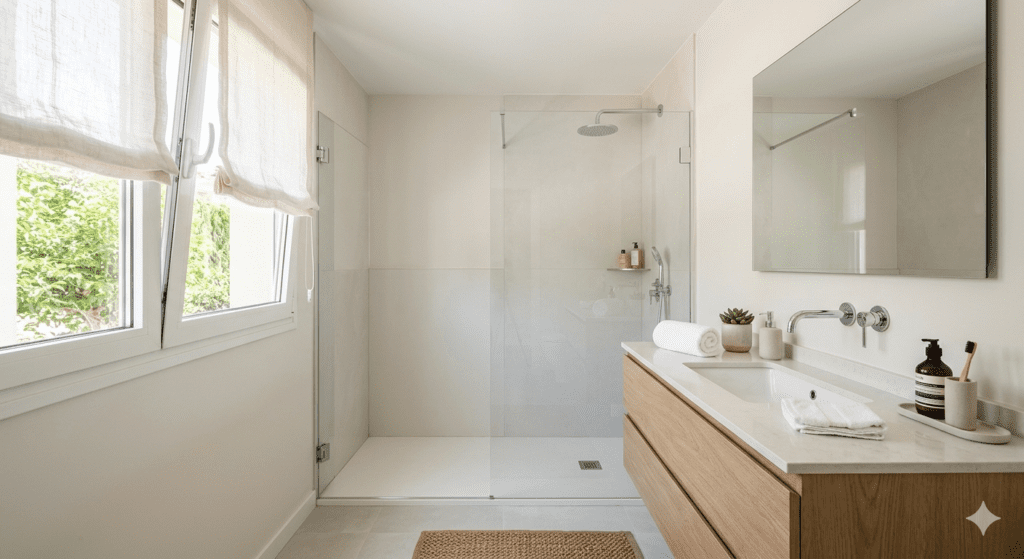 Un cuarto de baño moderno y luminoso con una cabina de ducha de vidrio templado a ras del suelo, un tocador flotante de madera con encimera de cuarzo blanco, un lavabo integrado con grifo de níquel cepillado, un espejo grande, una ventana grande con cortinas de lino y toallas blancas limpias.