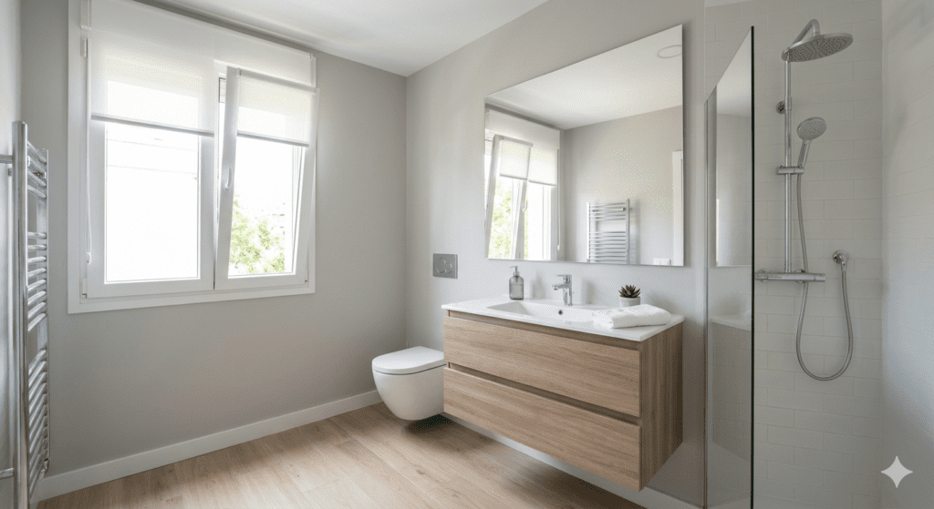Un baño moderno y luminoso con un mueble de madera suspendido, un lavabo blanco, un espejo grande, una ducha con mampara de cristal y un toallero calefactado. El baño tiene suelos de madera y paredes pintadas en un tono neutro, con una ventana grande que deja entrar luz natural.