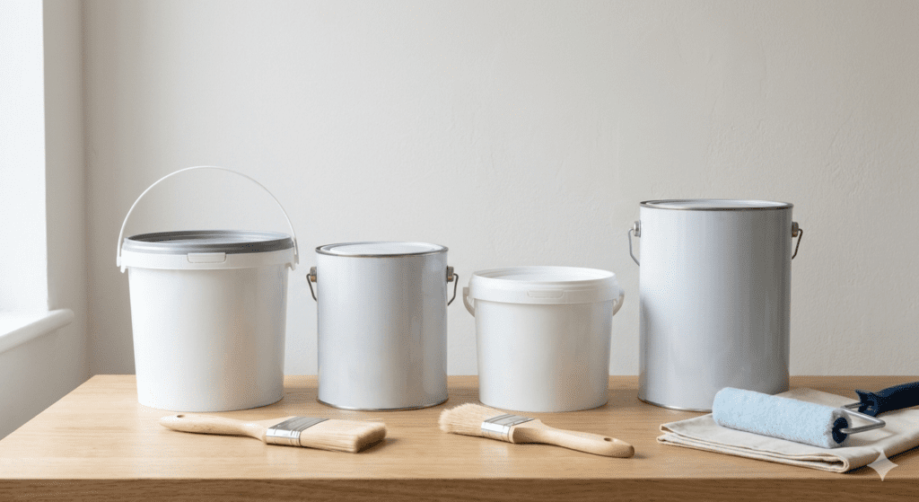 Imagen de una guía de compra editorial de botes de pintura antihumedad genéricos, brochas y un rodillo sobre una superficie ordenada, con una pared interior renovada y seca de fondo. Composición visual tipo comparativa de productos fotorrealista en tonos neutros con luz natural suave y estética profesional para web.