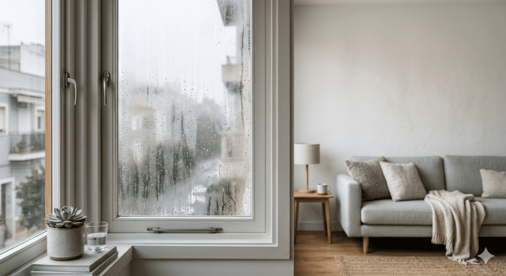 Imagen que muestra un problema común de condensación en ventanas de una sala de estar, con gotas de agua visibles en el cristal debido a la diferencia de temperatura, ilustrando la necesidad de soluciones para la humedad.