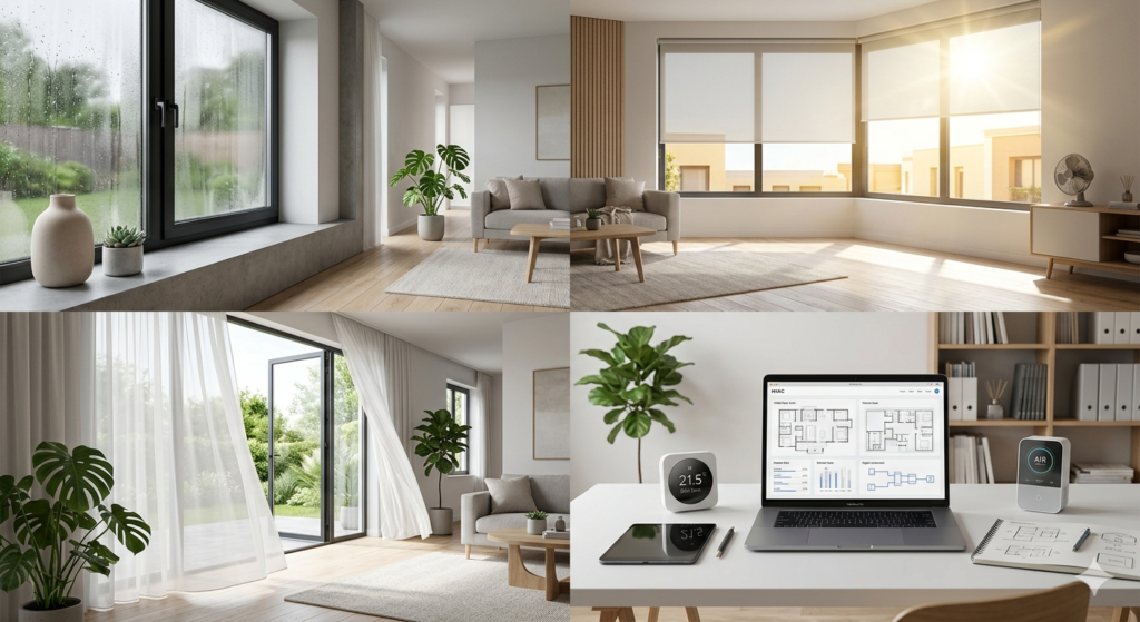 Collage de cuatro imágenes que muestran el confort en una vivienda moderna: una ventana con condensación, luz intensa de verano, ventilación natural con cortinas en movimiento y un ambiente técnico con cálculo de climatización. Estilo fotorrealista.
