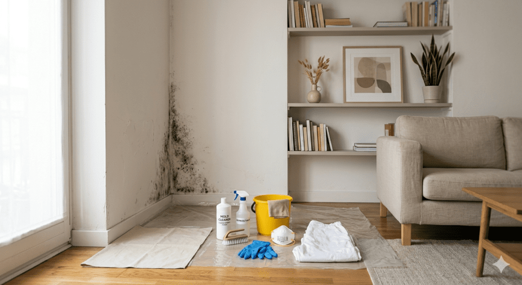Una guía visual paso a paso para aprender cómo eliminar el moho de las paredes. La imagen muestra un salón limpio donde una esquina tiene moho negro, y en el suelo, sobre un plástico protector, están dispuestos todos los materiales necesarios para su eliminación: un limpiador específico de moho, spray desinfectante, guantes azules de nitrilo, una mascarilla N95, un cubo amarillo con un paño y un cepillo.