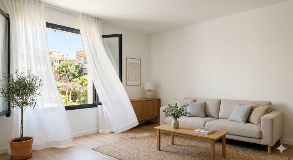 Una sala de estar moderna y luminosa que ejemplifica cómo quitar el olor a humedad en casa gracias a la ventilación natural. Una ventana grande está abierta, permitiendo la entrada de luz solar suave, y las cortinas blancas ondean suavemente, indicando un flujo de aire renovado que elimina los olores de la humedad. La estancia está ordenada y decorada en tonos neutros.