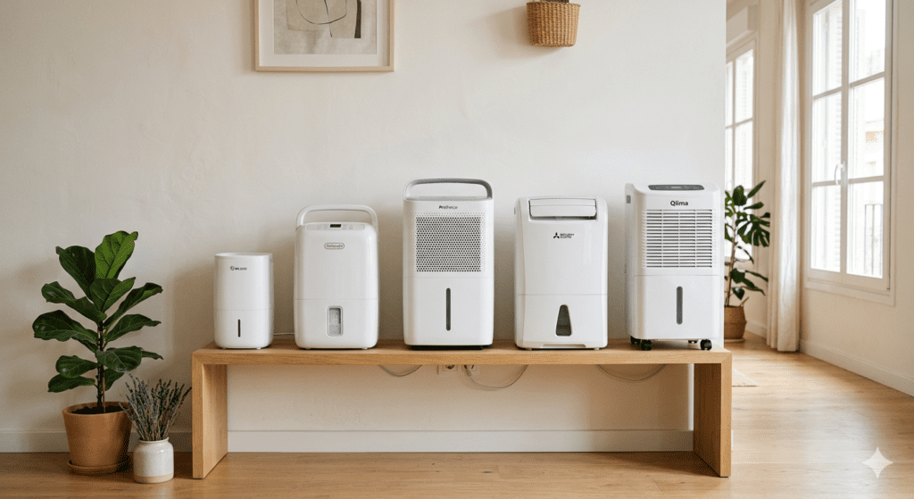 Comparativa visual de cinco deshumidificadores domésticos modernos de diferentes tamaños y marcas en una estantería de madera. Se aprecian las marcas Qlima y Mitsubishi. Imagen fotorrealista para una guía de compra, con luz natural suave y ambiente interior limpio.