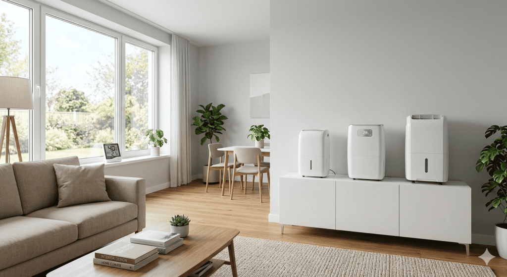 Comparativa de tres modelos de deshumidificadores domésticos silenciosos y de bajo consumo en el salón de una vivienda moderna y luminosa. La imagen muestra los dispositivos colocados de forma ordenada en un aparador blanco, con un higrómetro digital mostrando niveles óptimos de humedad y un ambiente confortable sin condensación en las ventanas. Escena fotorrealista para análisis comparativo de calidad-precio.