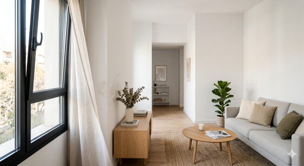 Confort en casa: Un salón moderno y luminoso en Valencia con un sofá gris, mesa de centro de madera y una ventana oscilobatiente negra abierta que ventila la estancia. El ambiente es acogedor, limpio y decorado con colores neutros y plantas.