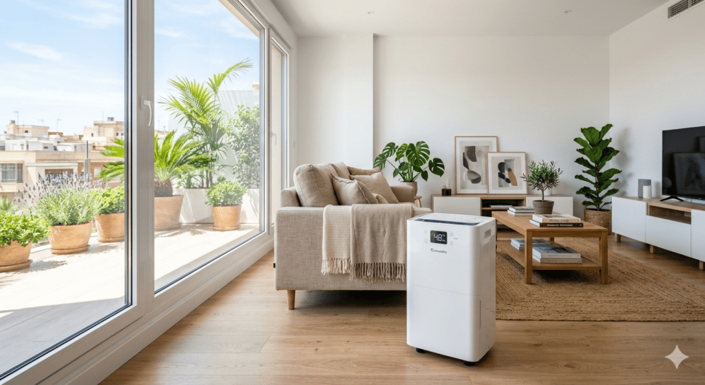 Nombre del Archivo:

deshumidificador-domestico-portatil-silencioso.jpg

Texto Alternativo (Alt Text):

Un deshumidificador doméstico portátil y silencioso, de color blanco y diseño moderno, extrae la humedad del aire en un salón luminoso y bien ventilado, junto a una gran ventana que da a una terraza ajardinada. El dispositivo cuenta con un panel de control táctil con pantalla LED que muestra el nivel de humedad actual y el modo de funcionamiento. El salón está decorado con muebles contemporáneos y plantas, creando un ambiente acogedor y saludable.