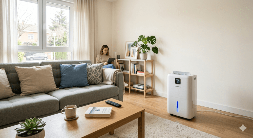 Una mujer sentada en un sofá gris en un salón moderno y luminoso utiliza su tableta, con un deshumidificador Pro Breeze blanco encendido en primer plano, mostrando el nivel de humedad en su pantalla digital sobre un suelo de madera.