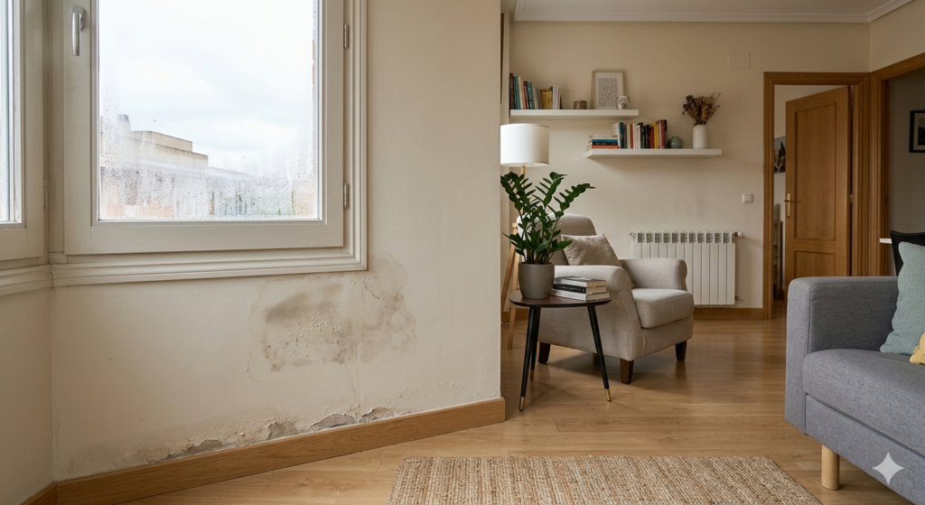 Una fotografía fotorrealista del interior de una vivienda moderna, mostrando de manera clara y didáctica varios signos de humedad ya identificados. En primer plano, se observa condensación en el cristal de una ventana y una mancha localizada de humedad en la pared adyacente, con deterioro leve en la base del muro. La escena está equilibrada y profesionalmente compuesta, con iluminación natural suave y tonos neutros, y está diseñada para transmitir un diagnóstico correcto y una solución adecuada para problemas de humedad en el hogar.