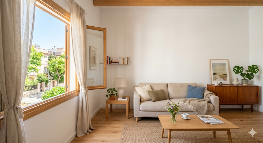 Fotografía arquitectónica de un salón de diseño de interiores escandinavo o japandi, bañado por luz natural que entra por una gran ventana abierta de madera con cortinas de lino. La sala cuenta con un sofá beige con cojines, una mesa de centro de madera de roble con flores y café, y un aparador de mediados de siglo con una monstera. El suelo y las vigas son de madera expuesta, y las paredes son blancas, creando un ambiente acogedor y minimalista.