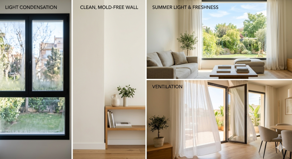 Mosaico de cuatro imágenes que ilustra diferentes aspectos del confort en el diseño de una vivienda moderna y sostenible: 1. Ventana con sutil condensación controlada, mostrando eficiencia energética. 2. Estancia fresca y luminosa de verano con luz natural abundante y vegetación exterior. 3. Pared de yeso blanca, limpia, libre de moho y bien mantenida, con estantería minimalista. 4. Ambiente ventilado con cortinas traslúcidas que se mueven con la brisa, fomentando la ventilación cruzada. El estilo es fotorrealista con iluminación natural uniforme y colores neutros.