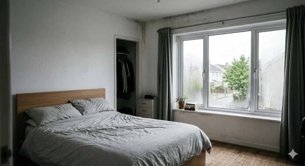 Dormitorio moderno con problemas de humedad visibles. Se aprecian manchas de moho negro en la esquina superior de las paredes blancas y condensación excesiva en el cristal de la ventana. La imagen muestra una cama hecha y cortinas grises en un ambiente poco ventilado.