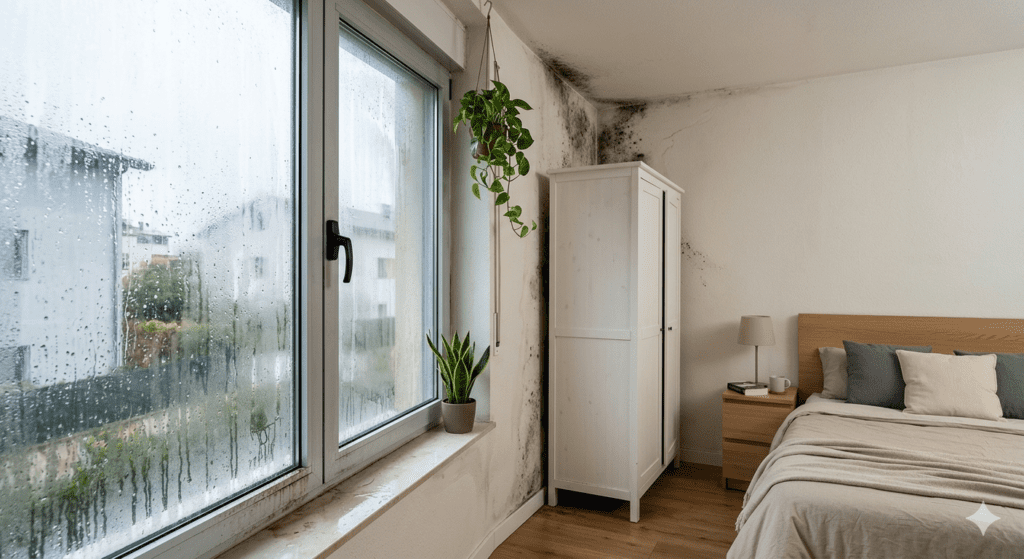 Fotografía fotorrealista del interior de un dormitorio moderno con un problema evidente de humedad y moho negro en la pared de la esquina, junto a un armario blanco y una ventana con condensación y gotas de agua. La habitación tiene colores neutros desaturados e iluminación natural suave.