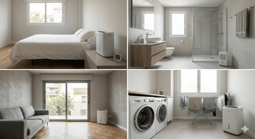Guía de compra de deshumidificadores: collage fotográfico que muestra un deshumidificador portátil blanco y discreto en cuatro situaciones del hogar: un dormitorio seco con higrómetro, un baño moderno y ventilado, un salón minimalista sin condensación y una zona de lavandería con ropa secándose. Fotografía fotorrealista de alta definición con luz natural y estética de guía práctica.