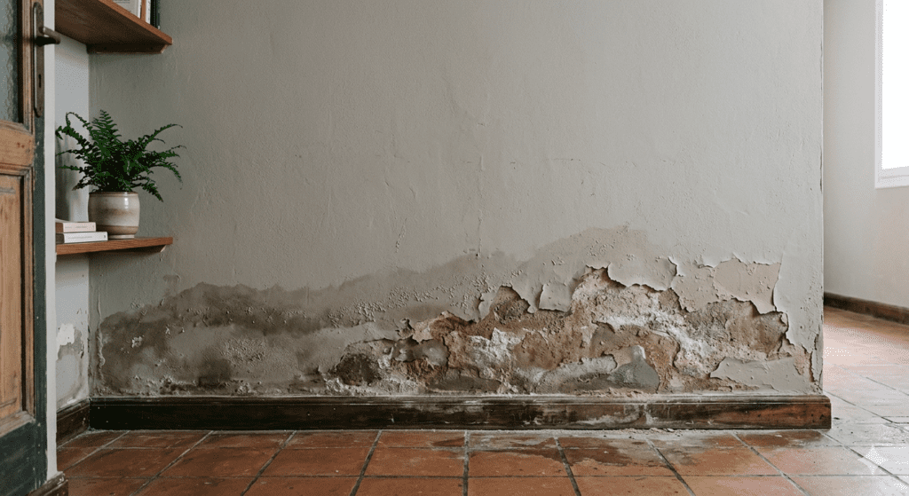 Primer plano de una pared interior de vivienda afectada por humedad por capilaridad severa. Se aprecian manchas de humedad, desconchones de pintura, daños en el yeso y salitre ascendiendo desde el zócalo de madera sobre suelo de baldosas de terracota. Ejemplo claro de patología de construcción que requiere reparación profesional contra la humedad ascendente, mostrando la textura dañada y el moho visible en un entorno residencial con luz natural.