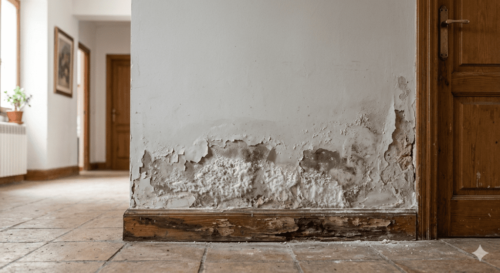 Fotografía fotorrealista del interior de una vivienda que muestra graves daños por humedad por capilaridad en la base de una pared. Se aprecia la pintura desconchada y levantada, grandes manchas de salitre blanquecino, yeso deteriorado y el rodapié de madera podrido y podrido. Composición limpia con tonos neutros e iluminación natural suave.