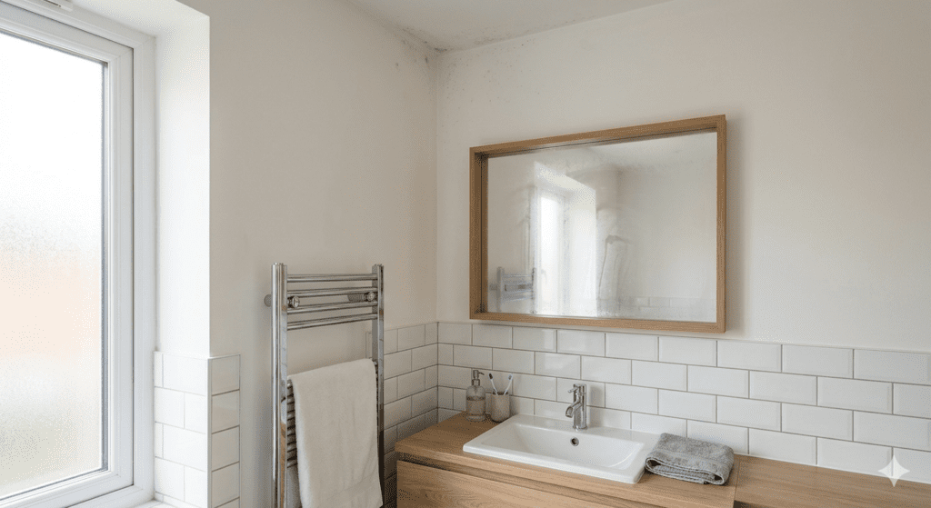 Humedad en el baño moderno con moho en el techo y espejo empañado, mostrando problemas de condensación y ventilación