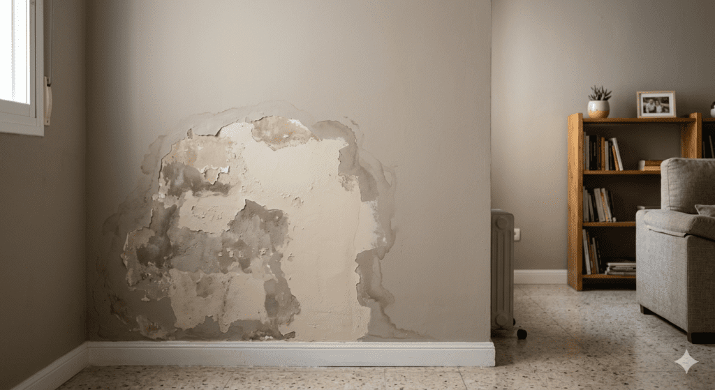 Imagen fotorrealista del interior de una vivienda real en España con graves daños por humedad de filtración en una pared pintada de gris. Se observa una gran mancha irregular donde la pintura se ha deteriorado y descascarillado, revelando el yeso subyacente y un intento fallido de reparación con una capa de pintura diferente. La escena, con iluminación natural suave, muestra un error de reparación evidente sobre un rodapié blanco, con un sofá y una estantería de fondo para dar contexto doméstico.