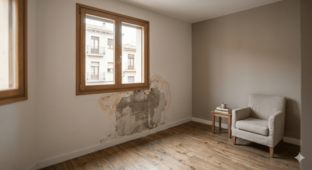 Habitación de vivienda moderna con suelo de madera y una gran mancha de humedad por filtración visible en la pared blanca debajo de una ventana de madera. La pared muestra daños por agua, moho y desprendimiento de pintura, contrastando con el resto del interior limpio. Al fondo, un sillón beige y una mesita auxiliar. Imagen didáctica sobre tipos de humedades en interiores.