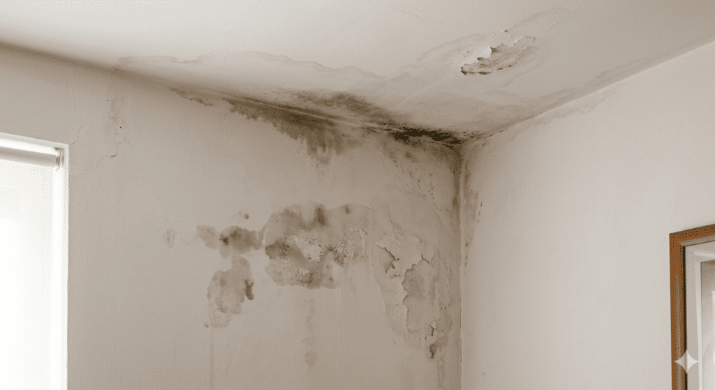 Imagen de la esquina interior de una vivienda en España que muestra graves daños por humedad. Se aprecian manchas de agua en el techo, pintura desconchada y un foco visible de moho negro en la pared, requiriendo un diagnóstico y reparación profesional de la filtración.