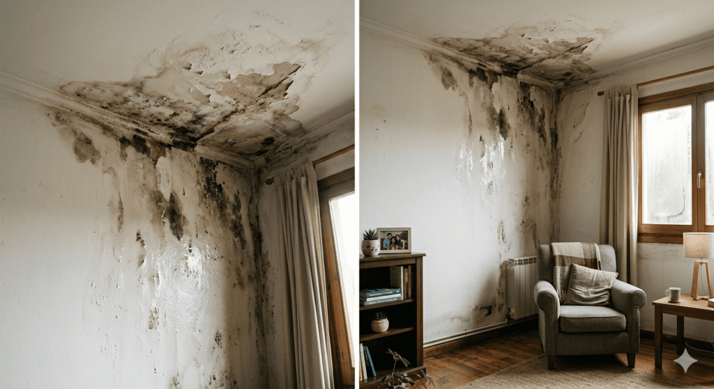 Comparativa visual de daños por humedad severa y moho negro en una pared y techo interiores, antes y después de la aparición de moho extenso en el rincón de una sala de estar, útil para guías de reparación o tasaciones de propiedades con daños de agua.