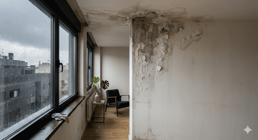 Pared y techo de un interior moderno afectados por daños graves de humedad y filtración de agua, con manchas oscuras, cercos amarillos y pintura descascarillada junto a una ventana un día lluvioso.