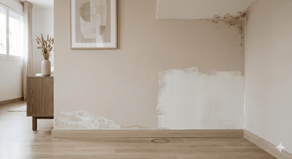 Fotografía arquitectónica fotorrealista del interior de una vivienda mostrando una pared beige con claros signos de humedad: salitre y burbujas en la parte inferior, moho superficial en la esquina superior derecha y un parche de pintura fresca de color blanco en la esquina inferior derecha cubriendo parcialmente el daño. La imagen captura la textura del daño estructural y el intento de reparación cosmética, ideal para guías de diagnóstico de humedades y reformas del hogar. Tonos neutros, iluminación natural.