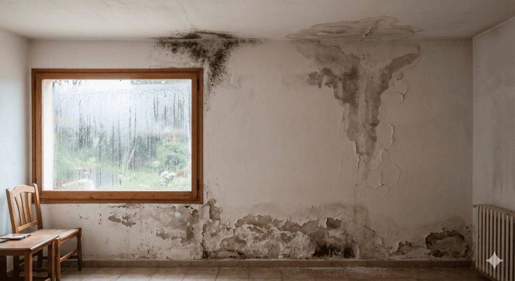 Fotografía de una pared interior de una vivienda con graves problemas de humedad por capilaridad, mostrando desconchones, pintura levantada y manchas de moho en la zona inferior de la pared. En primer plano, se observa una silla de madera y una mesa baja. La imagen sirve para ilustrar las causas y soluciones para este tipo de humedad.
