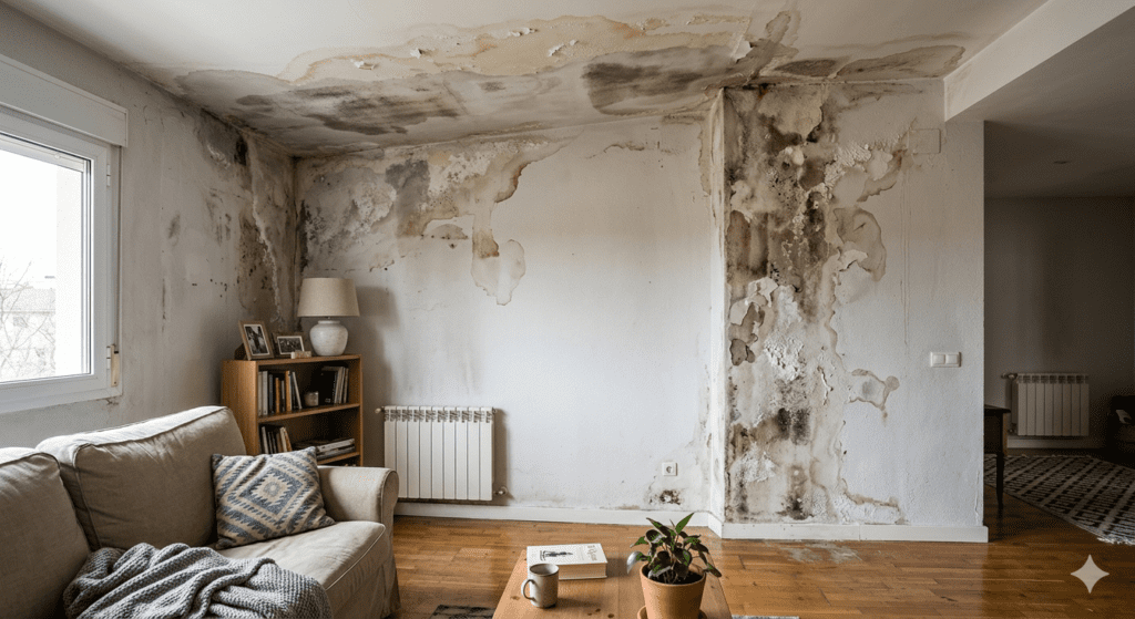 Salón de vivienda con graves daños de humedad por filtración en paredes y techo, mostrando manchas negras de moho, pintura desconchada y un ambiente doméstico realista.