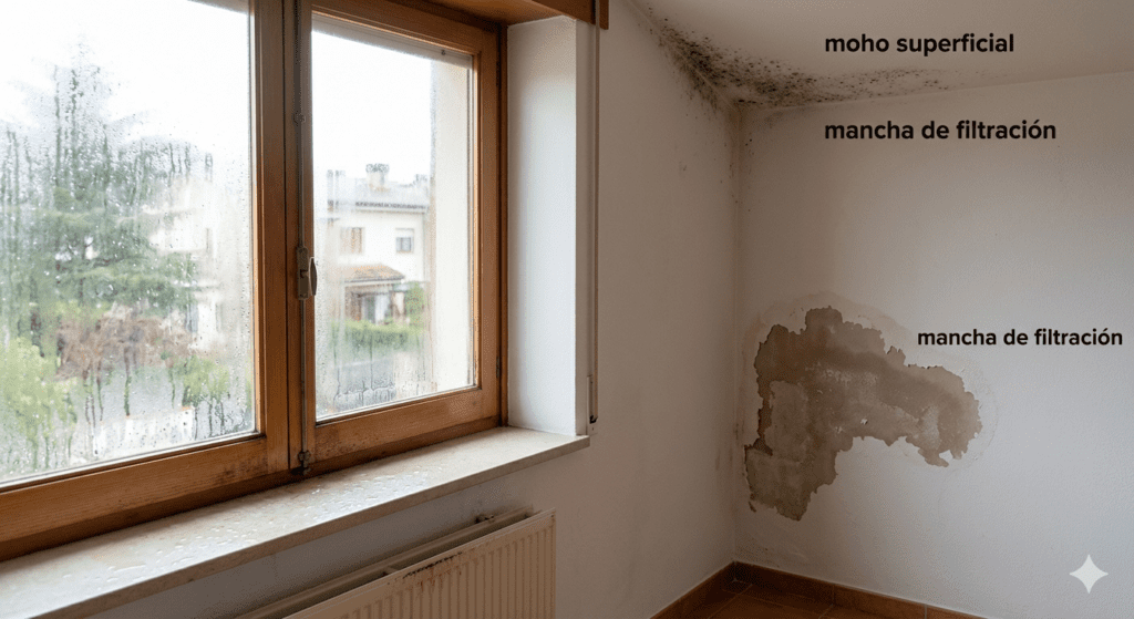 Fotografía de un rincón interior de una vivienda que ilustra tres tipos de problemas de humedad. A la izquierda, una ventana de madera muestra una fuerte condensación de agua en los cristales. En la esquina superior derecha de la pared blanca, hay una mancha negra de moho superficial. Debajo, en el centro de la pared, se aprecia una mancha irregular y descascarillada causada por una filtración de agua. La imagen está limpia y sin textos explicativos.