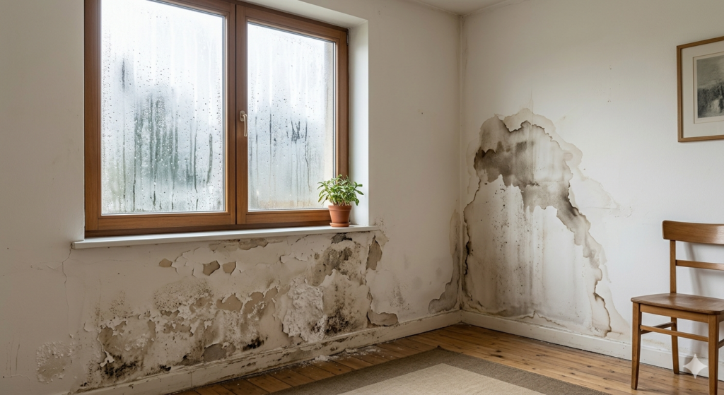 Ejemplo didáctico de humedad en paredes interiores en una vivienda. Se aprecian tres tipos: deterioro por capilaridad en la base del muro con desprendimiento de pintura; condensación intensa y gotas de agua en la ventana; y una mancha irregular por filtración en la pared lateral. Fotografía arquitectónica fotorrealista.