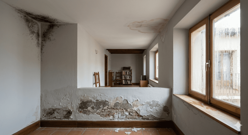 Una fotografía arquitectónica didáctica que ilustra cuatro tipos diferentes de problemas de humedad en el interior de una vivienda: moho negro en la esquina superior izquierda, condensación severa en el cristal de la ventana de madera a la derecha, una mancha de filtración de agua en el techo central y un extenso daño por humedad ascensional (capilaridad) con desconchados de pintura y ladrillo visto en la base de la pared.
