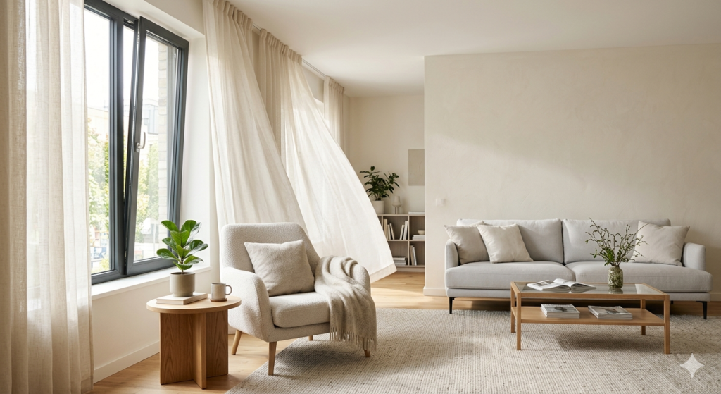 Amplio salón de diseño moderno y minimalista inundado de luz natural que entra por un gran ventanal abierto. Las cortinas de lino beige se mueven suavemente sugiriendo una brisa fresca y ventilación. Incluye un sillón texturizado, un sofá gris claro y muebles de madera sobre una alfombra, todo en tonos neutros y cálidos.